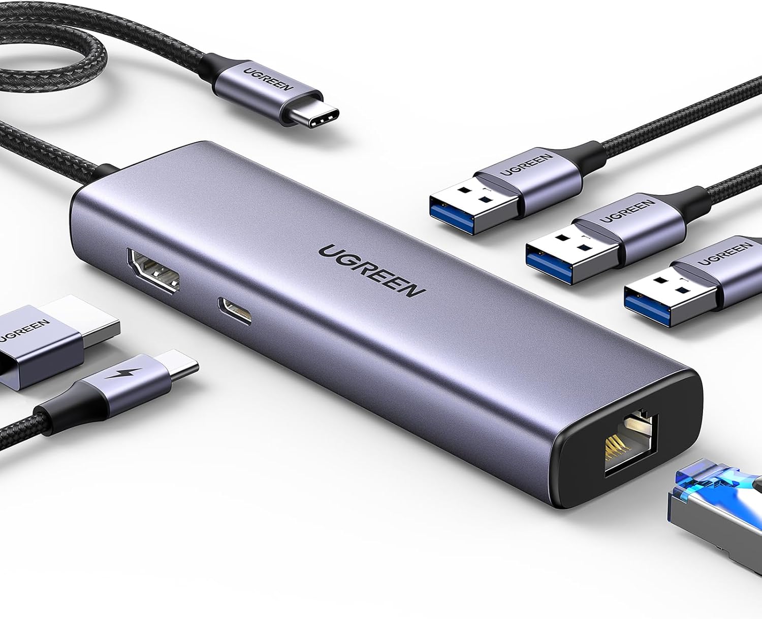HUB UGREEN REVODOK USB C 6 EN 1 CON ADAPTADOR GIGABIT ETHERNET, CARGA PD DE 100W, HDMI 4K, X 3 USB-A - 1