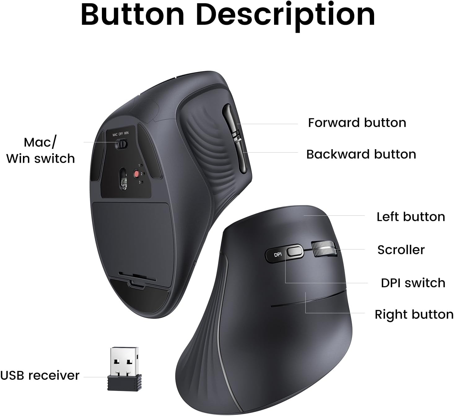 MOUSE UGREEN VERTICAL INALÁMBRICO BLUETOOTH ERGONÓMICO CON 5 BOTONES - 7
