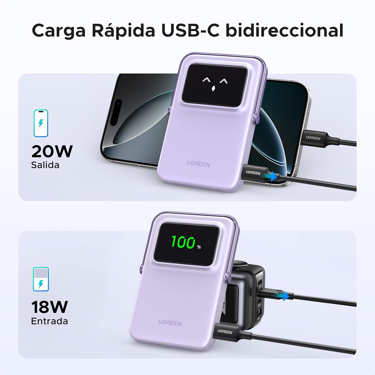 POWER BANK UGREEN MAGSAFE 10000MAH, INALÁMBRICO QI, PD 20W PLEGABLE PB572 - PURPURA - 2
