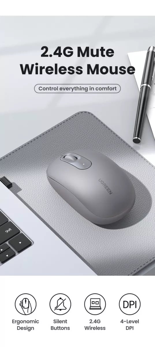 MOUSE UGREEN INALAMBRICO USB PORTATIL ERGONOMICO - 2400 DPI - GRIS - 2