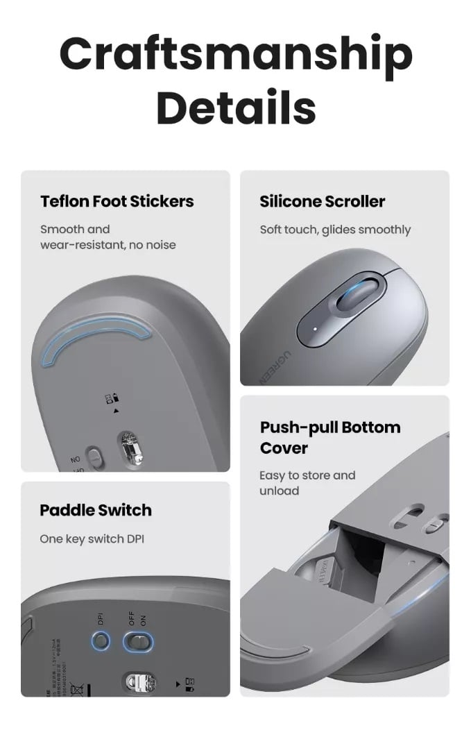 MOUSE UGREEN INALAMBRICO USB PORTATIL ERGONOMICO - 2400 DPI - GRIS - 7