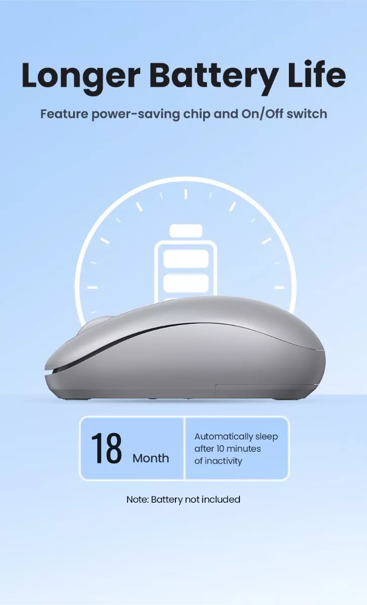 MOUSE UGREEN INALAMBRICO USB PORTATIL ERGONOMICO - 2400 DPI - GRIS - 8