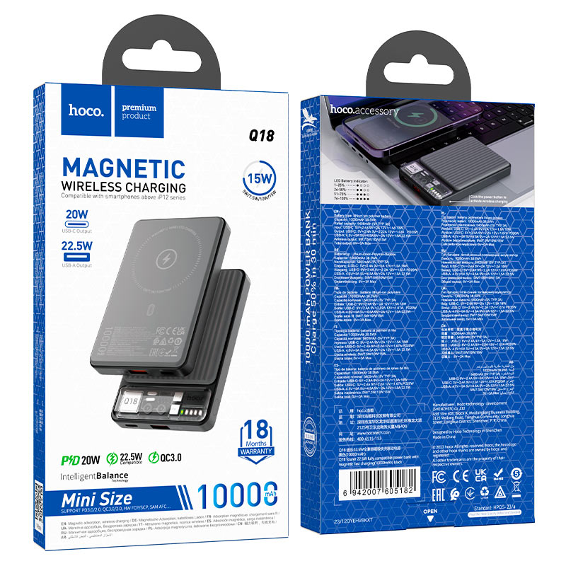 POWER BANK HOCO 10000MAH Q18 TOURER PD22.5W, MAGSFE WIRELESS - NEGRO - 4