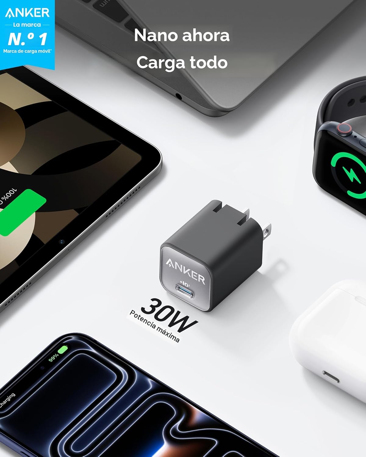 CARGADOR ANKER 30W,TYPE C GAN, PLEGABLE CARGA RÁPIDO PARA IPHONE 17...16 Y MÁS, GALAXY, IPAD - NEGRO - 3