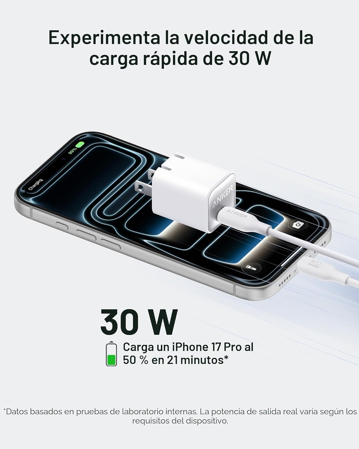 CARGADOR ANKER 30W,TYPE C GAN, PLEGABLE CARGA RÁPIDO PARA IPHONE 17...16 Y MÁS, GALAXY, IPAD - NEGRO - 4
