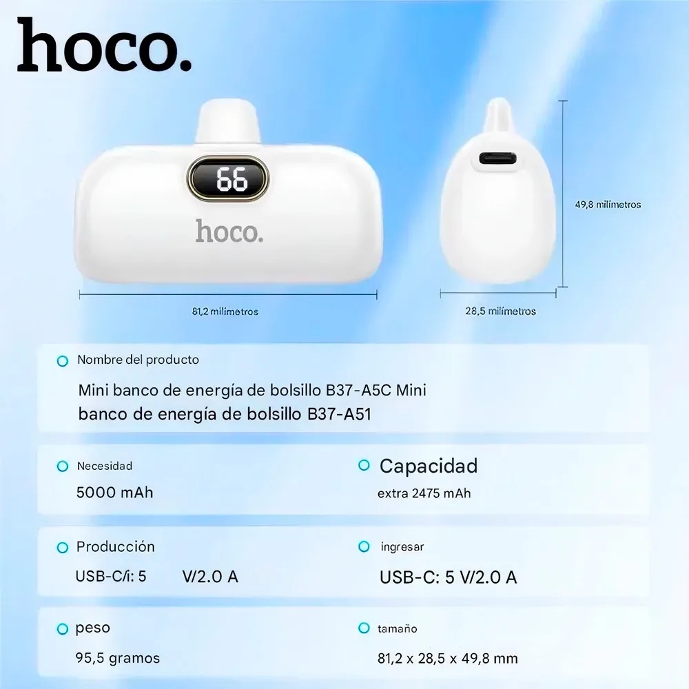 POWER BANK HOCO 5000 MAH TIPO LIGTHNING - B37-A5I - BLANCO - 5