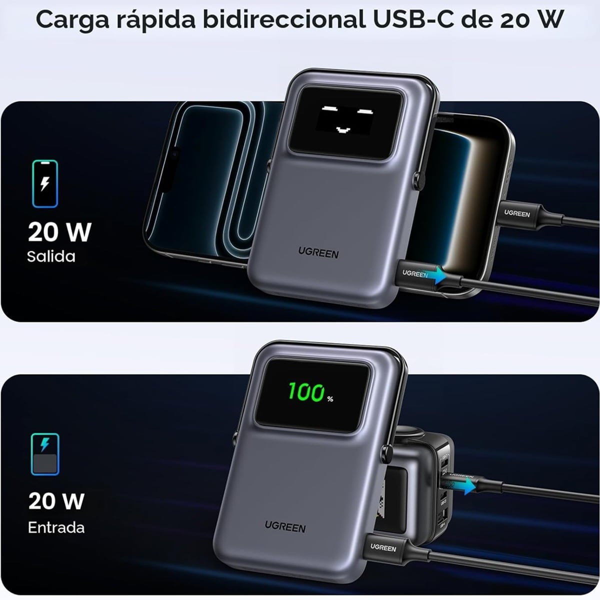 POWER BANK UGREEN MAGSAFE 10000MAH, INALÁMBRICO QI, PD 20W PLEGABLE PB572 - GREY - 2