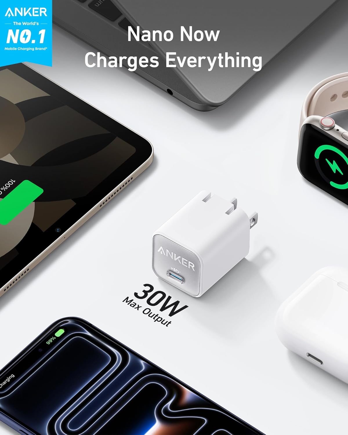 CARGADOR ANKER 30W,TYPE C GAN, PLEGABLE CARGA RÁPIDO PARA IPHONE 1716 Y MÁS, GALAXY, IPAD - BLANCO - 4