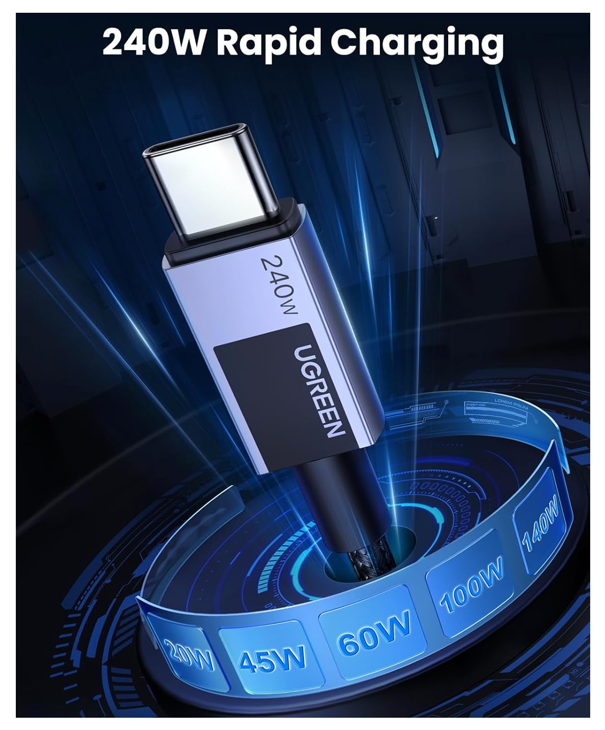 CABLE UGREEN CARGA RAPIDA ENTRADA USB TIPO C 240W 2M TRENZADO - GREY - 5