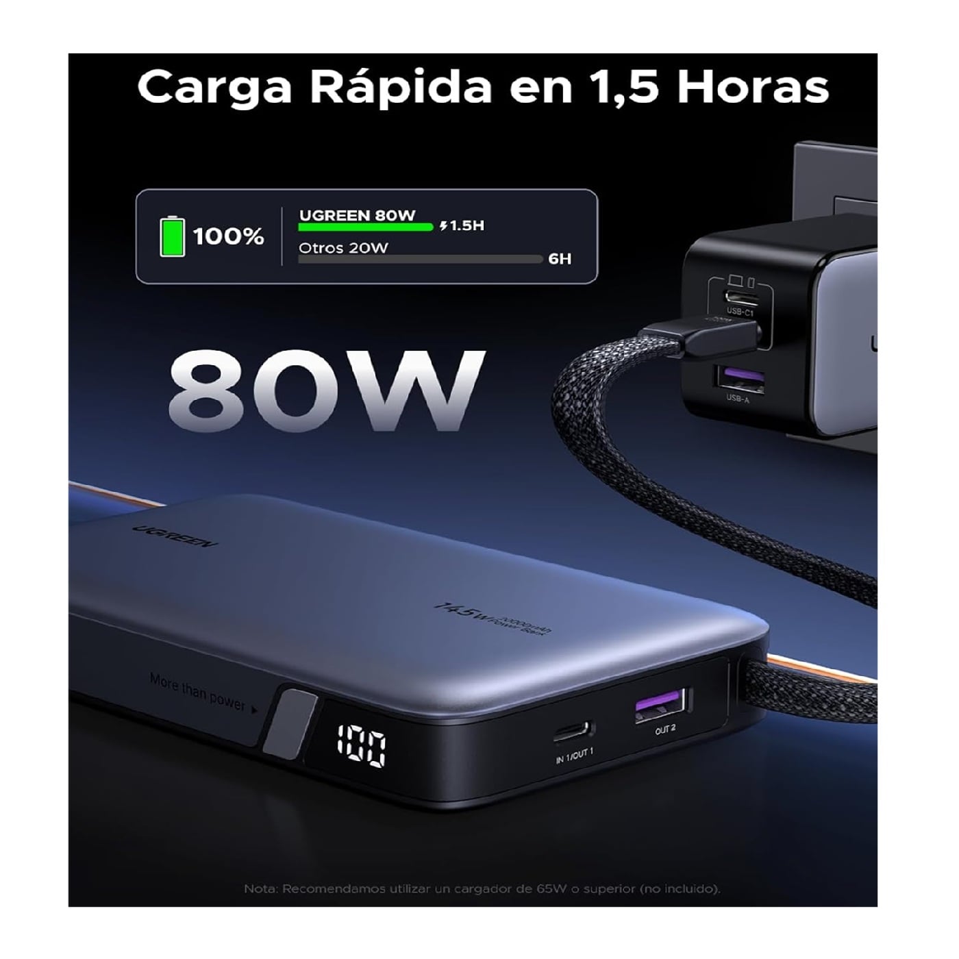 POWER BANK UGREEN 20000MAH 145W CABLE INTEGRADO LED DISPLAY PB551 - 2