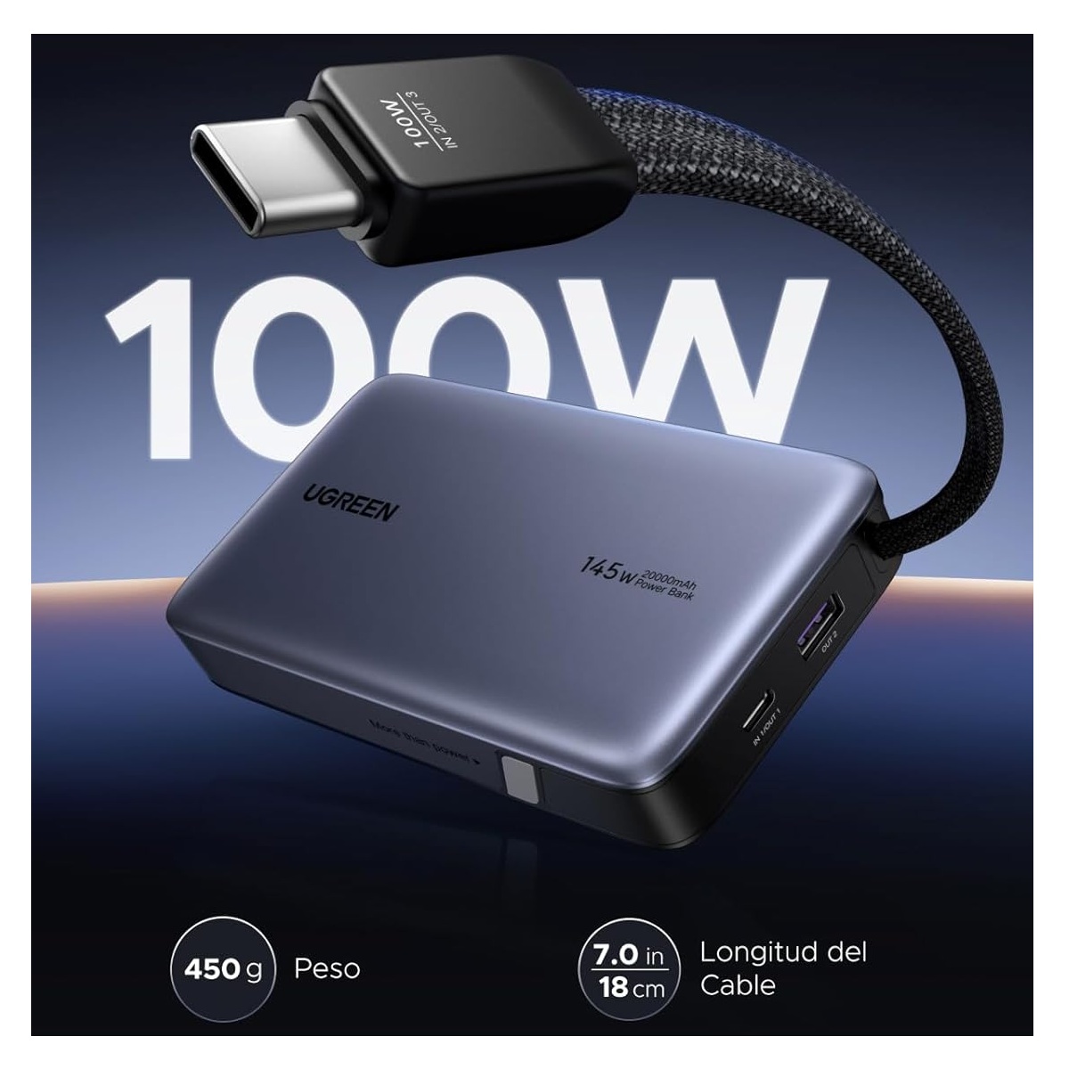 POWER BANK UGREEN 20000MAH 145W CABLE INTEGRADO LED DISPLAY PB551 - 3
