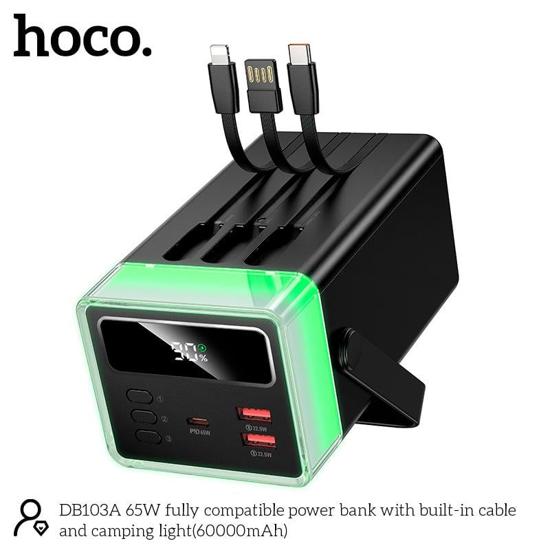 POWER BANK HOCO 60000MHA 65W CARGA RAPIDA LUZ LED DB103A - NEGRO - 1