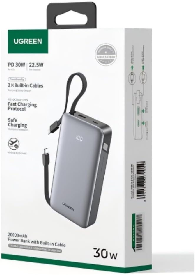 POWER BANK UGREEN 20000MAH 30W CABLE INTEGRADO PB528 - GREY - 2