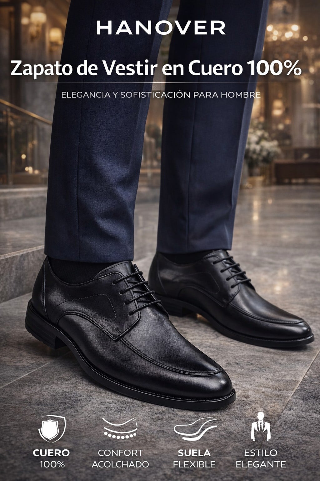 ZAPATO DE VESTIR HANOVER EN CUERO 100% H-1978N  CRUST NEGRO - 3