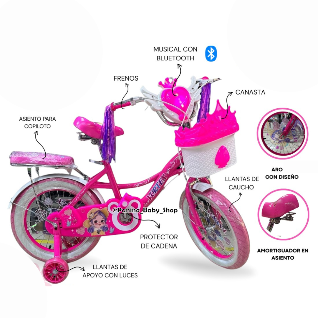 BICICLETA CAMPERA MUSICAL ARO 16 PARA NIÑAS -PRINCESA- LILA - 8