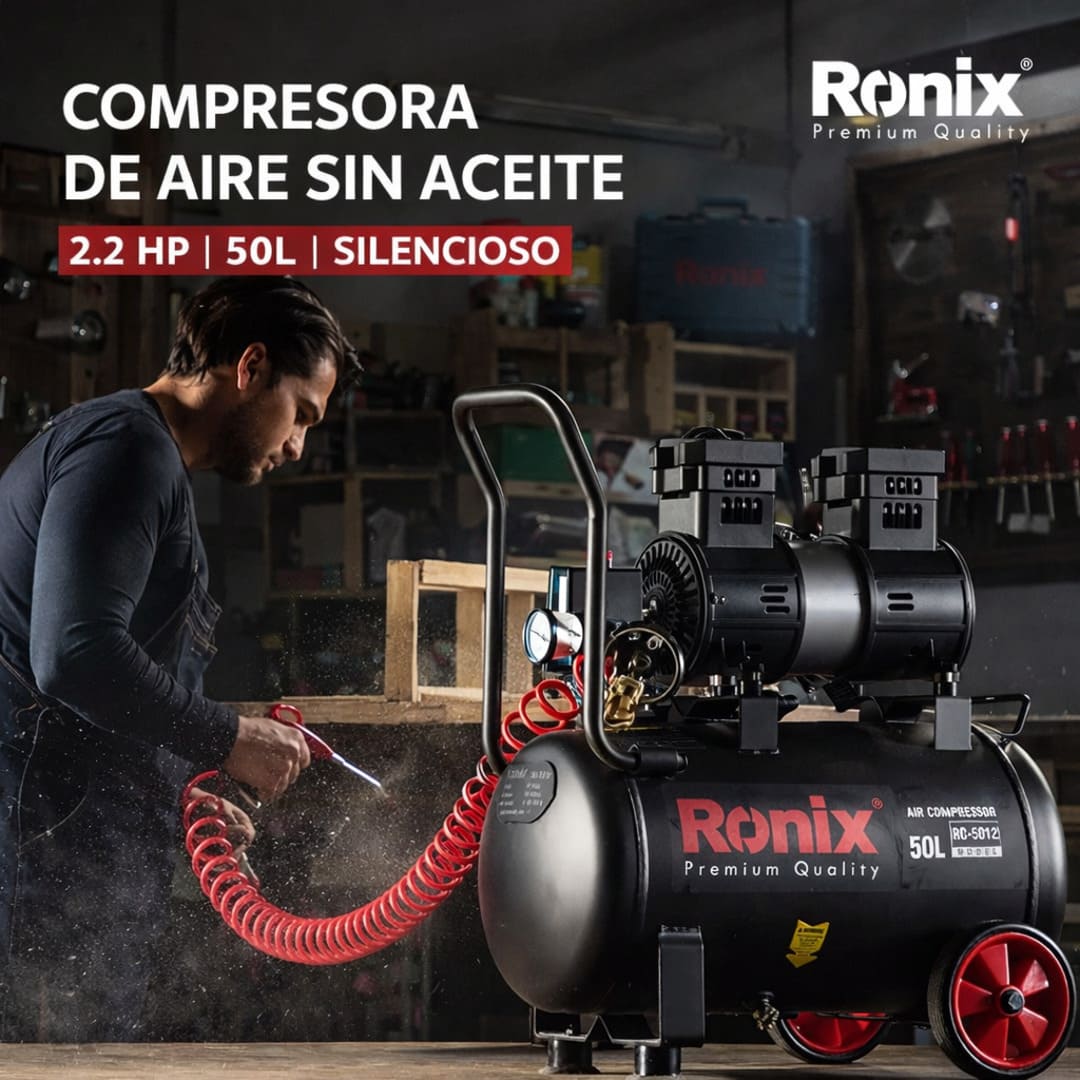 COMPRESORA DE AIRE SIN ACEITE 2.2HP 50L SILENCIOSO RONIX RC-5012 - 2