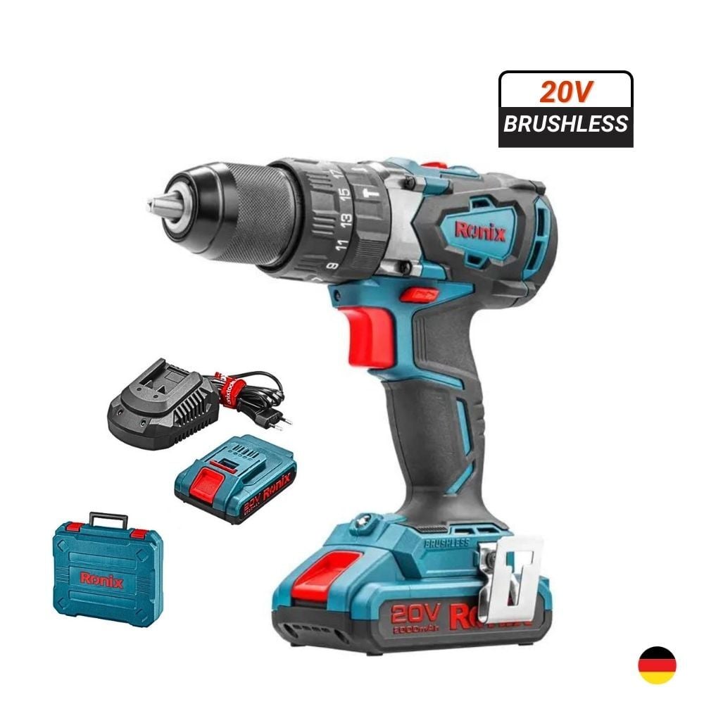 TALADRO ATORNILLADOR PERCUTOR INALÁMBRICO 20V 2AH BRUSHLESS RONIX 8905K - 1