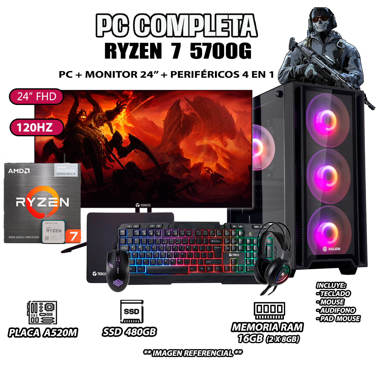 COMPUTADORA COMPLETA RYZEN 7 5700G MEMORIA RAM 16GB DISCO SSD 500GB MONITOR 24' COLOR NEGRO - 1