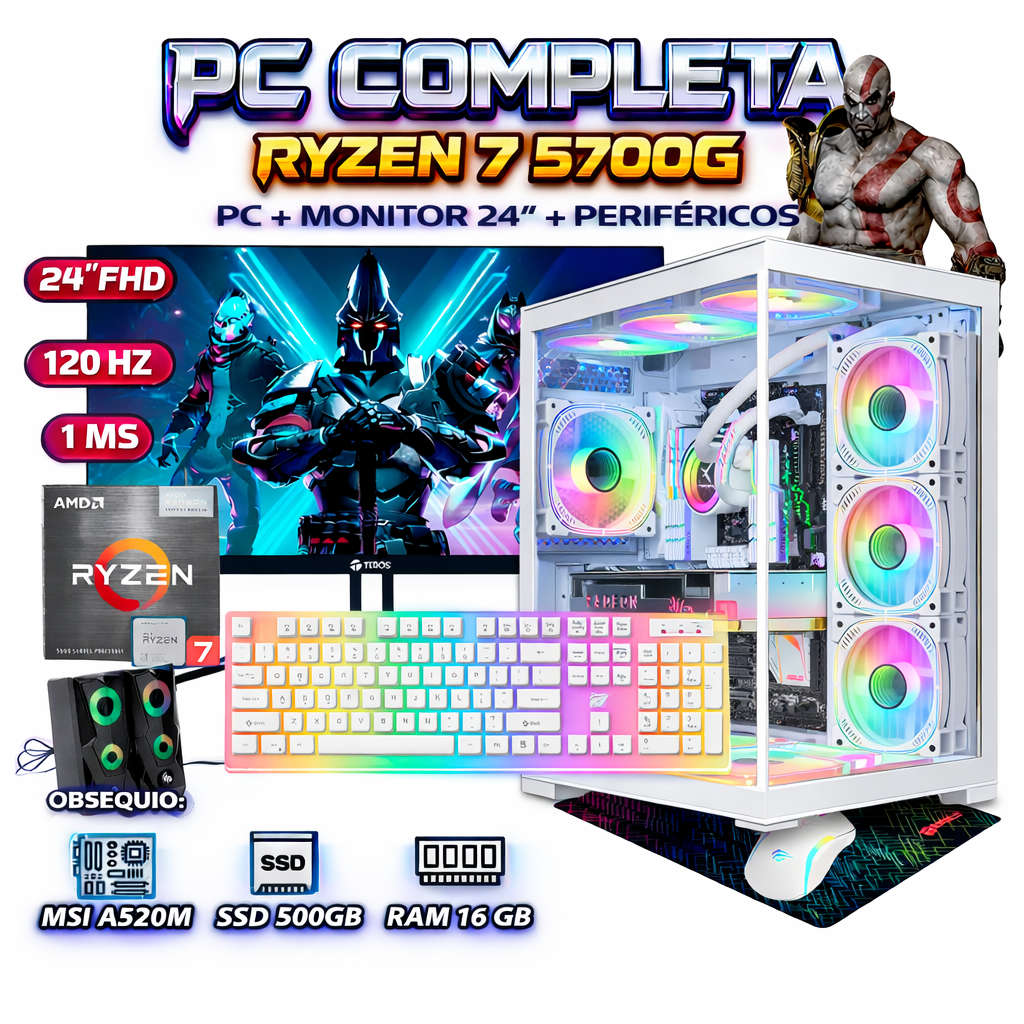 PC COMPLETA RYZEN7 5700G RAM16GB DISCO SSD500GB MONITOR 24 FULL HD - 1