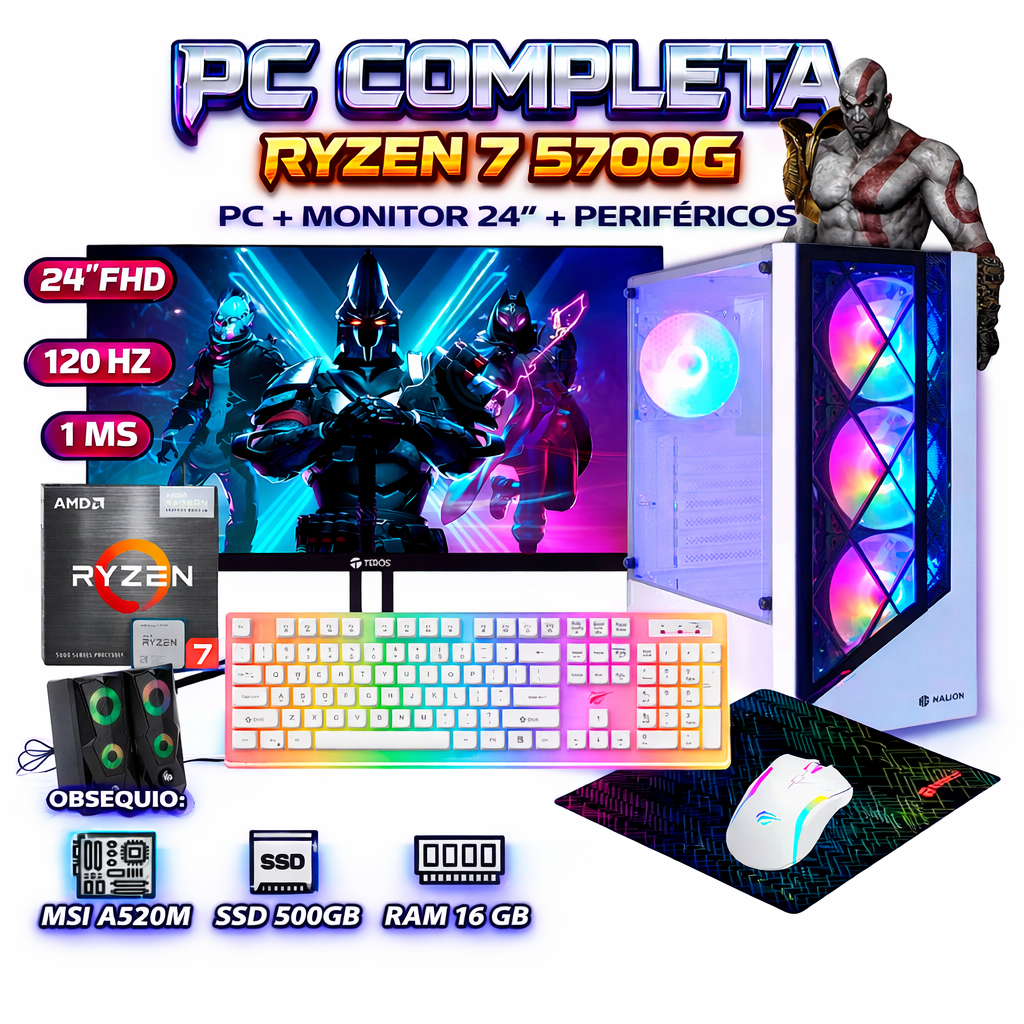 COMPUTADORA COMPLETA RYZEN 7 5700G RAM 16GB DISCO SSD 500GB MONITOR 24 FULL HD - 1