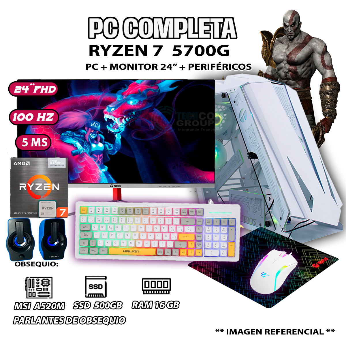 COMPUTADORA PC GAMER RYZEN 7 5700G RAM 16GB SSD 500GB MONITOR 24 FULL HD - 1