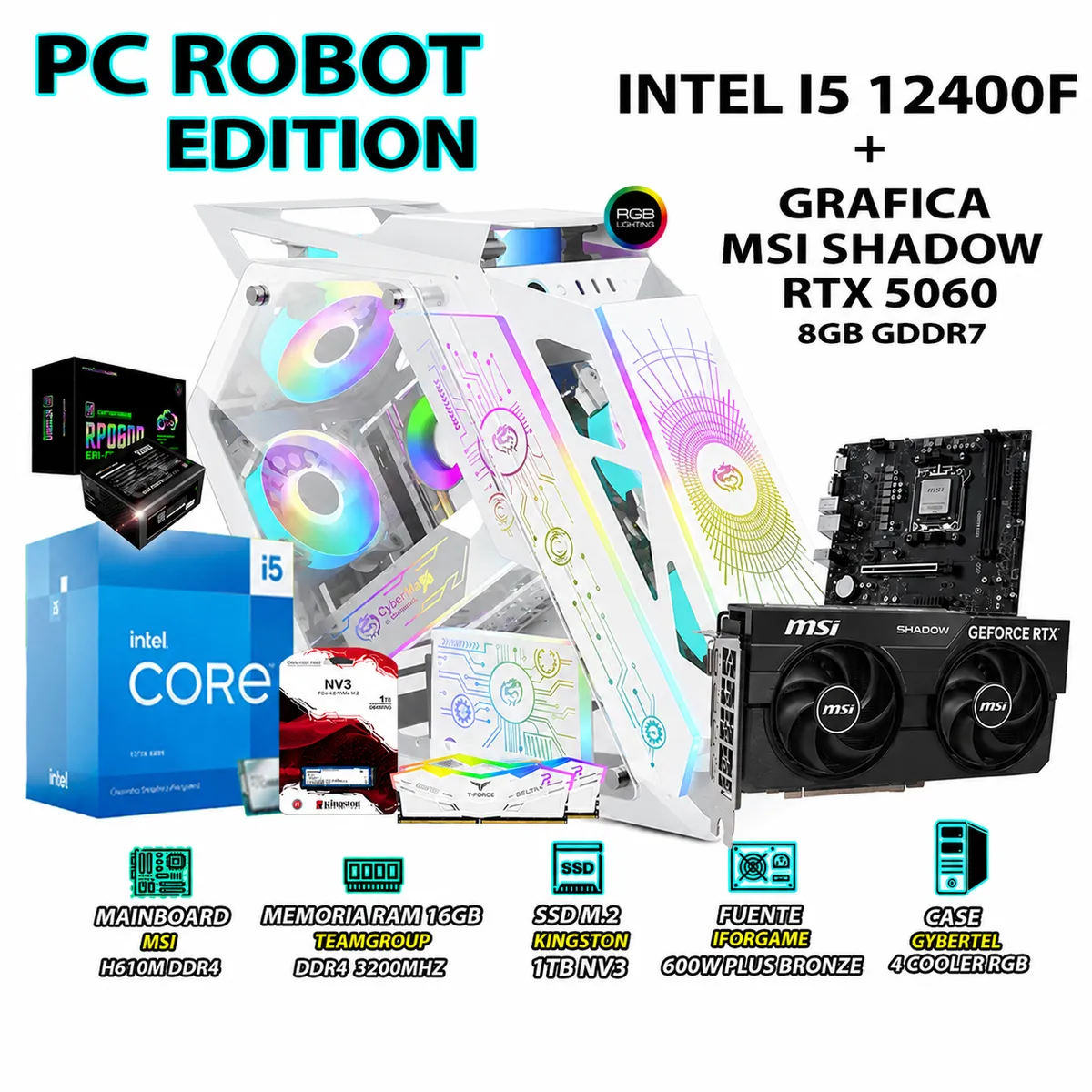 COMPUTADORA GAMER ROBOT CORE I5 12400F RAM 16GB SSD 1TB RTX 5060 8GB - 1