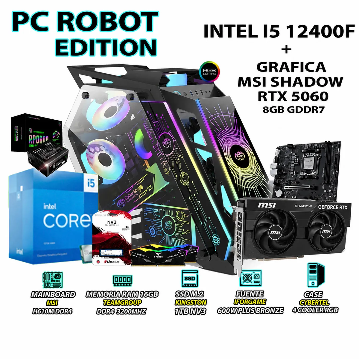 COMPUTADORA GAMER ROBOT CORE I5 12400F RAM 16GB SSD 1TB RTX 5060 8GB - 1