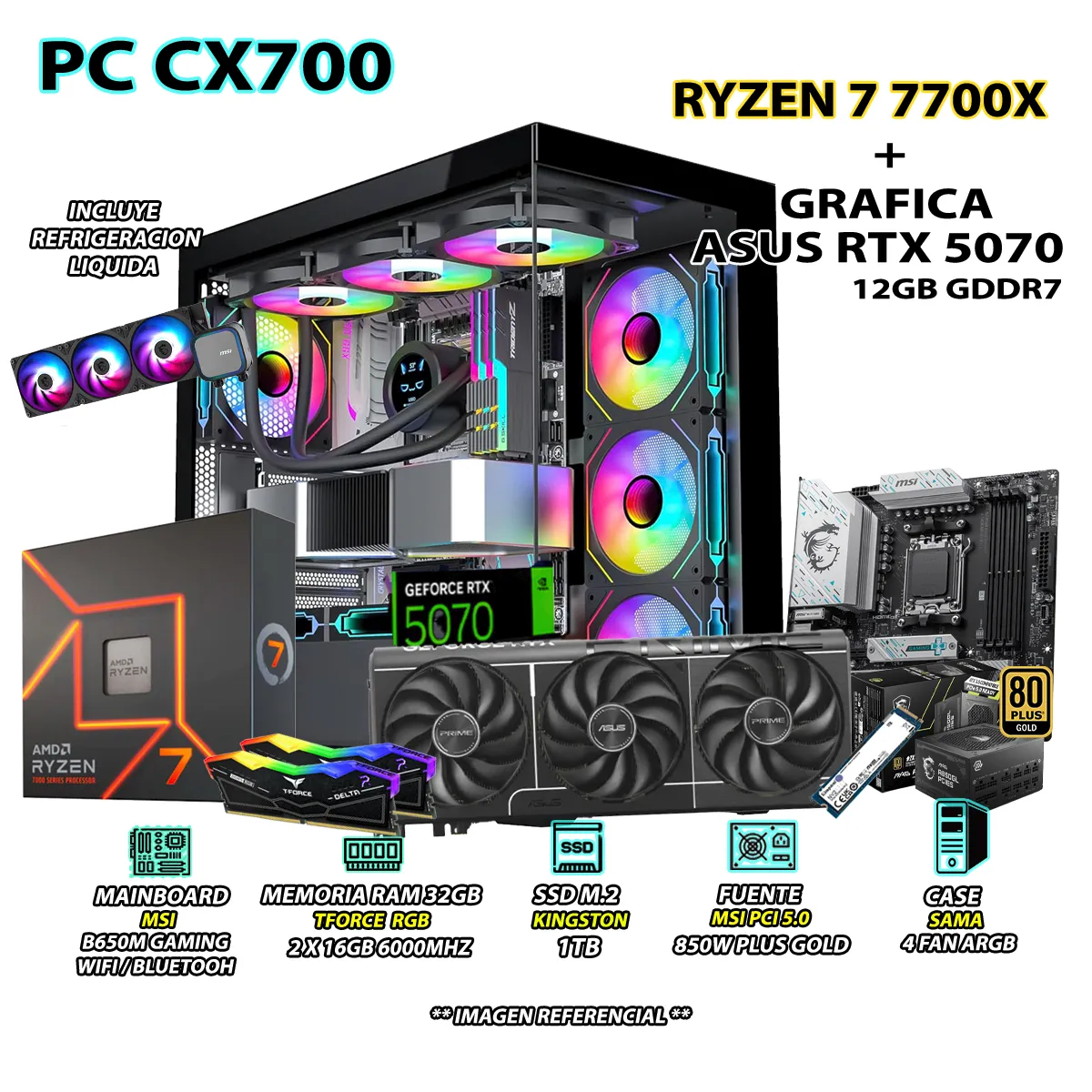 COMPUTADORA PC GAMER RYZEN 7 7700X RAM 32GB DDR5 SSD 1TB GRAFICA RTX 5070 12GB - 1