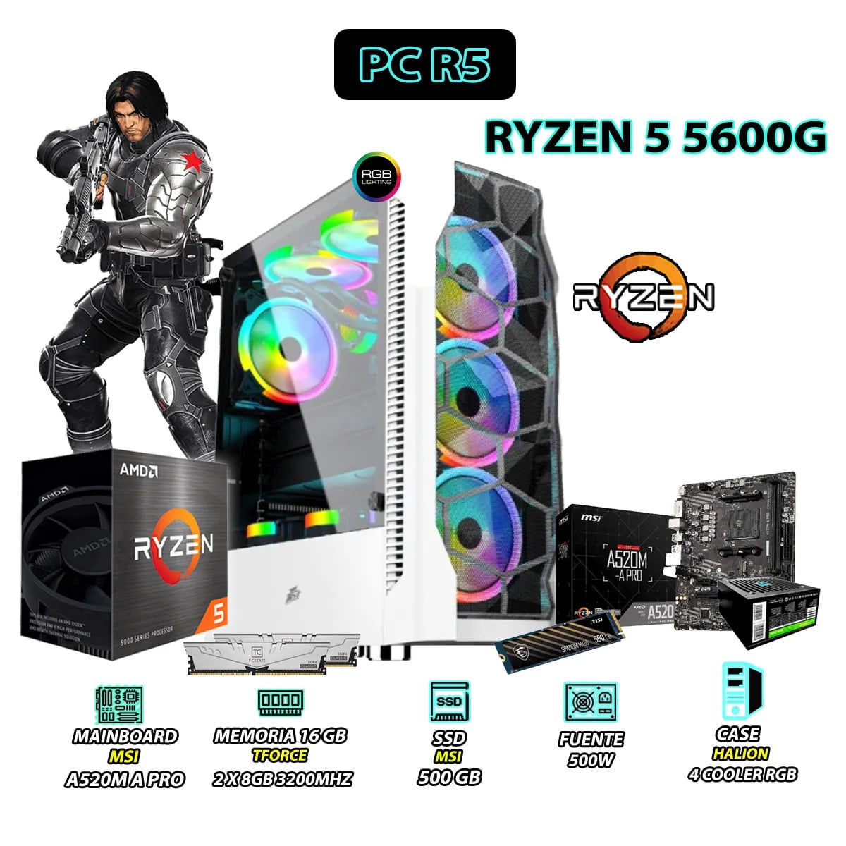 COMPUTADORA PC RYZEN 5 5600G RAM 16GB DISCO 500GB SSD CON GRAFICOS RADEON VEGA - 1