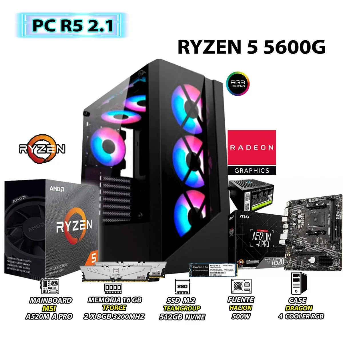 COMPUTADORA PC RYZEN 5 5600G RAM 16GB DISCO 500GB SSD CON GRAFICOS AMD RADEON - 1