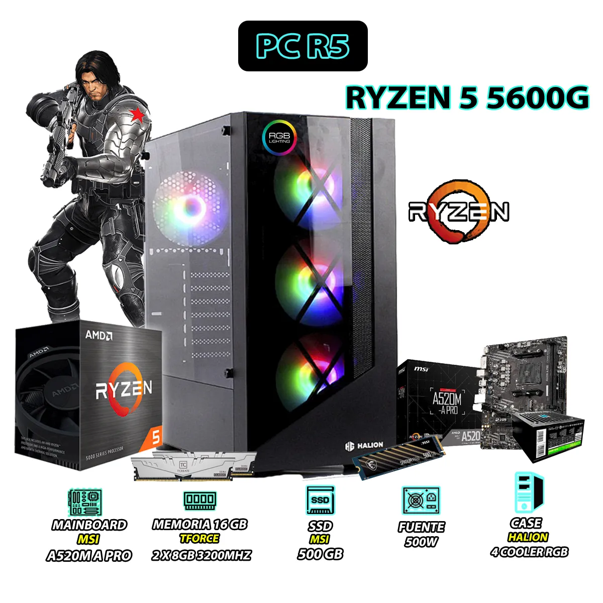 COMPUTADORA PC RYZEN 5 5600G RAM 16GB DISCO 500GB SSD CON GRAFICOS RADEON VEGA - 1
