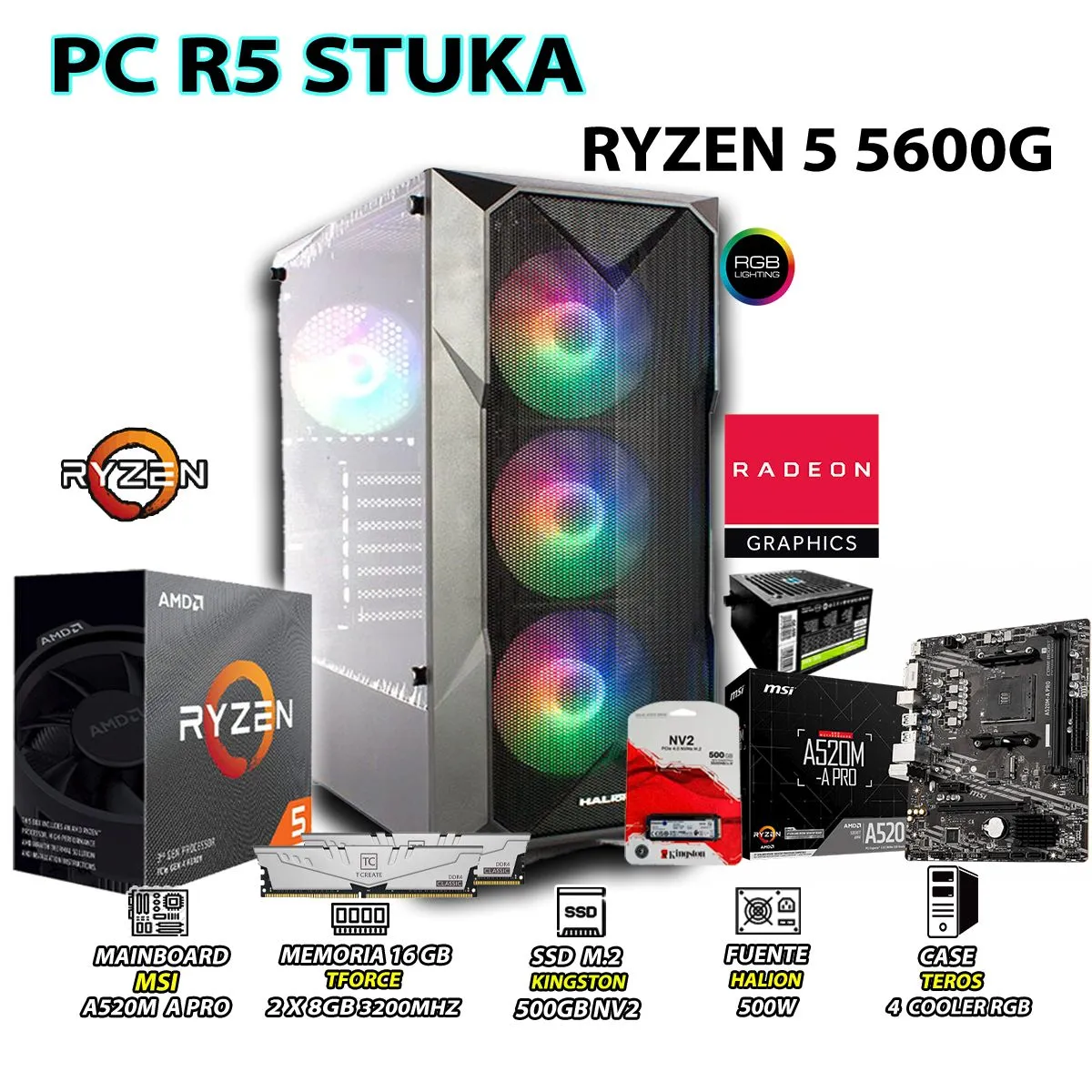 COMPUTADORA PC RYZEN 5 5600G RAM 16GB DISCO 500GB SSD CON GRAFICOS AMD RADEON - 1