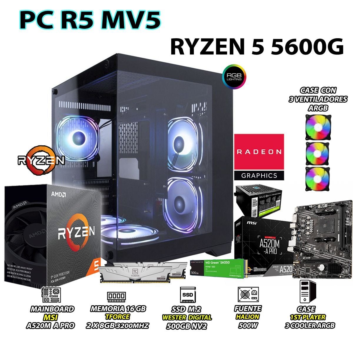 COMPUTADORA PC RYZEN 5 5600G RAM 16GB DISCO 500GB SSD CON GRAFICOS AMD RADEON - 1