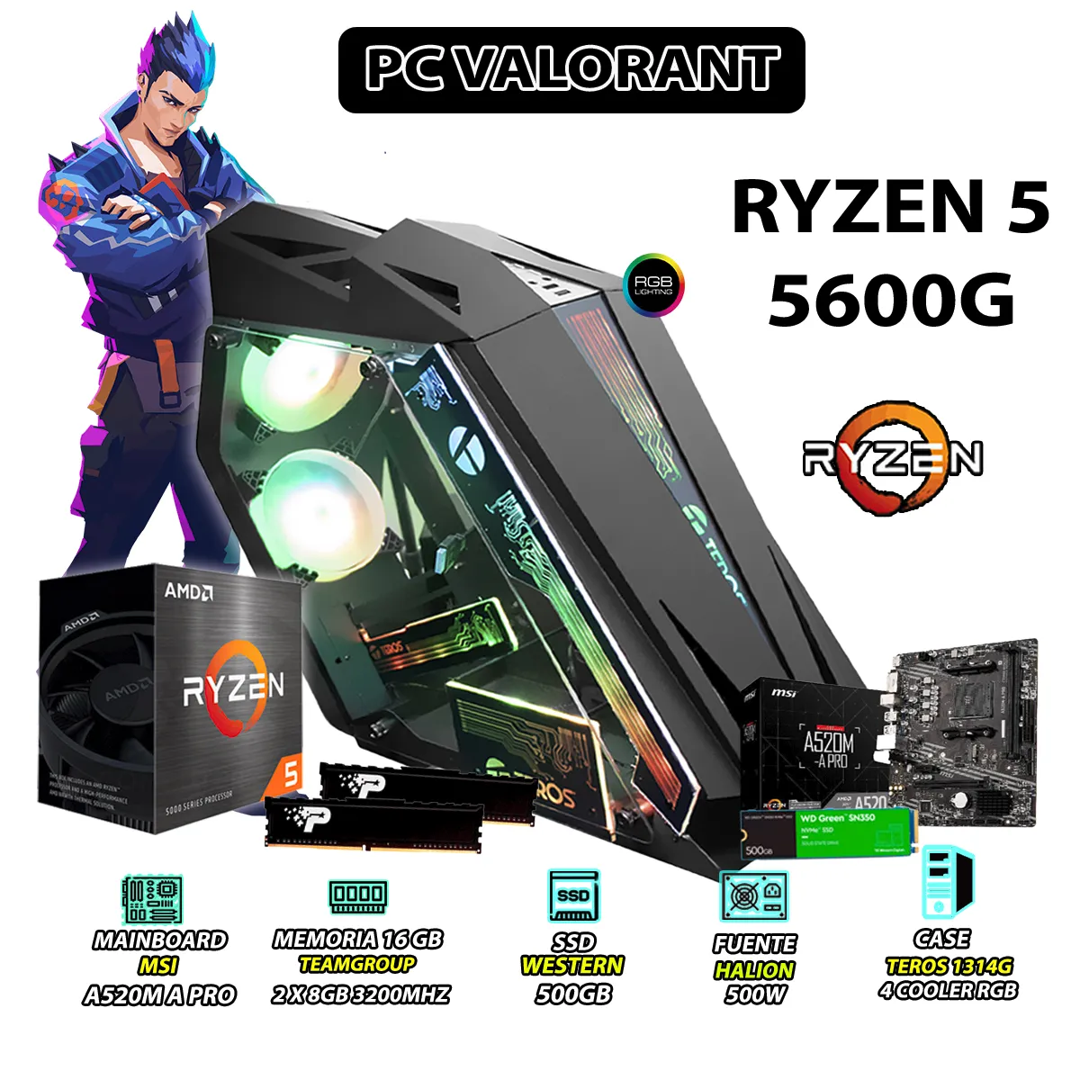 COMPUTADORA PC RYZEN 5 5600G RAM 16GB DISCO SOLIDO 500GB - 1