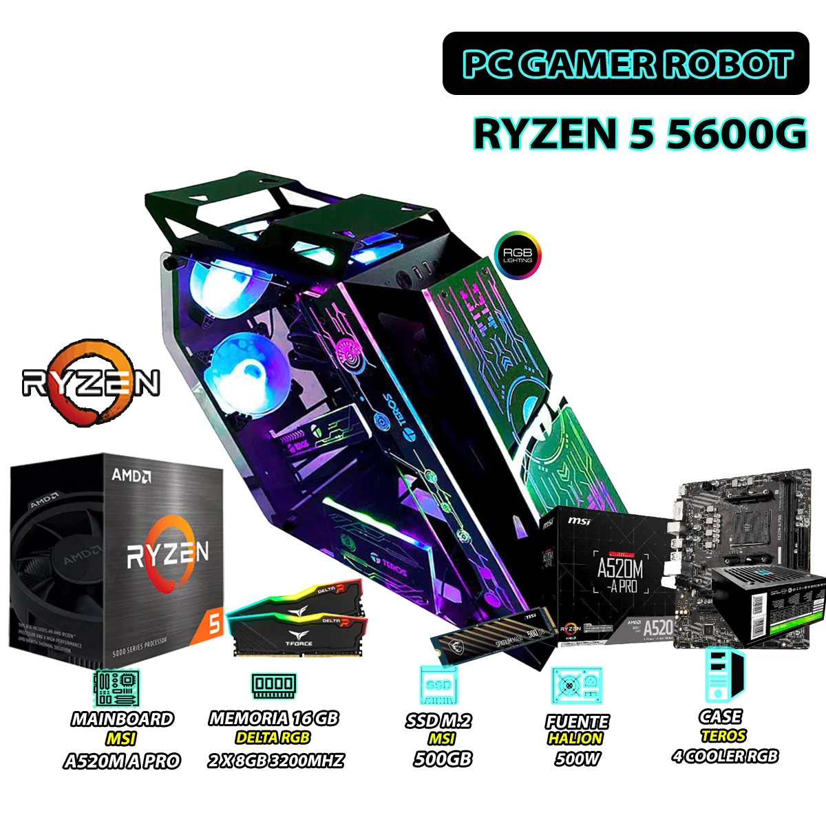 COMPUTADORA PC RYZEN 5 5600G RAM 16GB DISCO 500GB SSD CON GRAFICOS AMD RADEON - 1