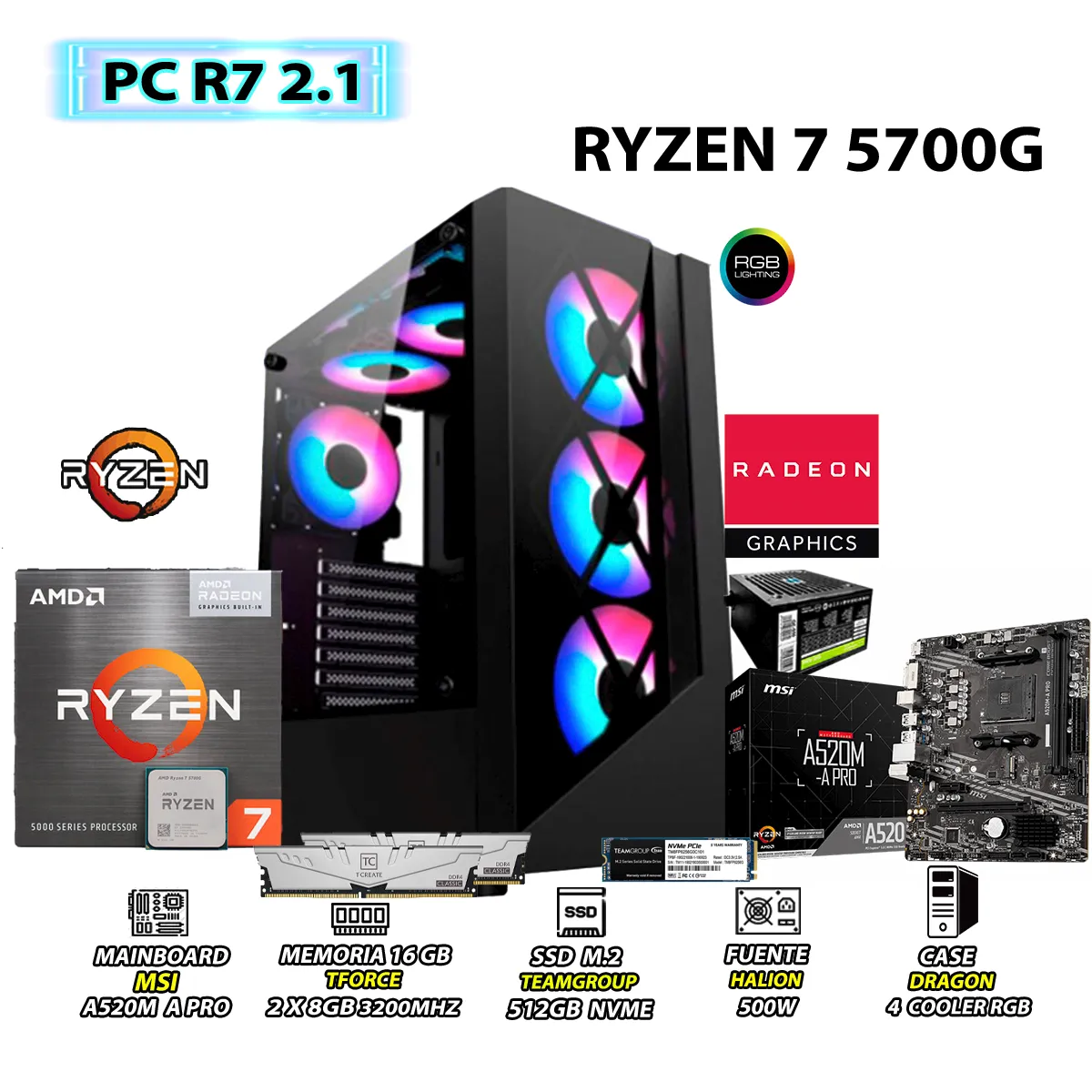 COMPUTADORA PC RYZEN 7 5700G RAM 16GB SSD 500GB CON GRAFICOS AMD RADEON - 1