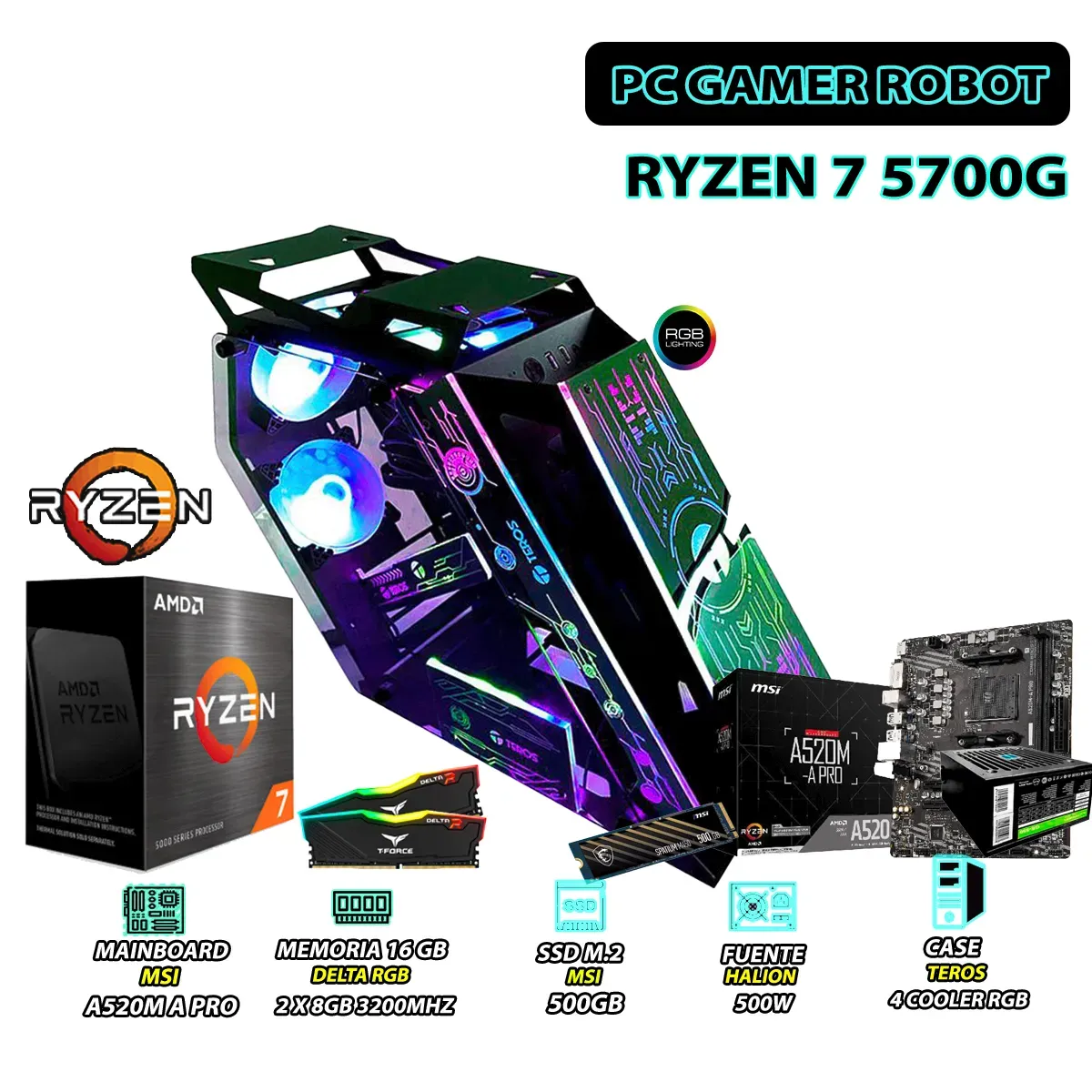 COMPUTADORA PC RYZEN 7 5700G RAM 16GB DISCO 500GB SSD CON GRAFICOS AMD RADEON - 1