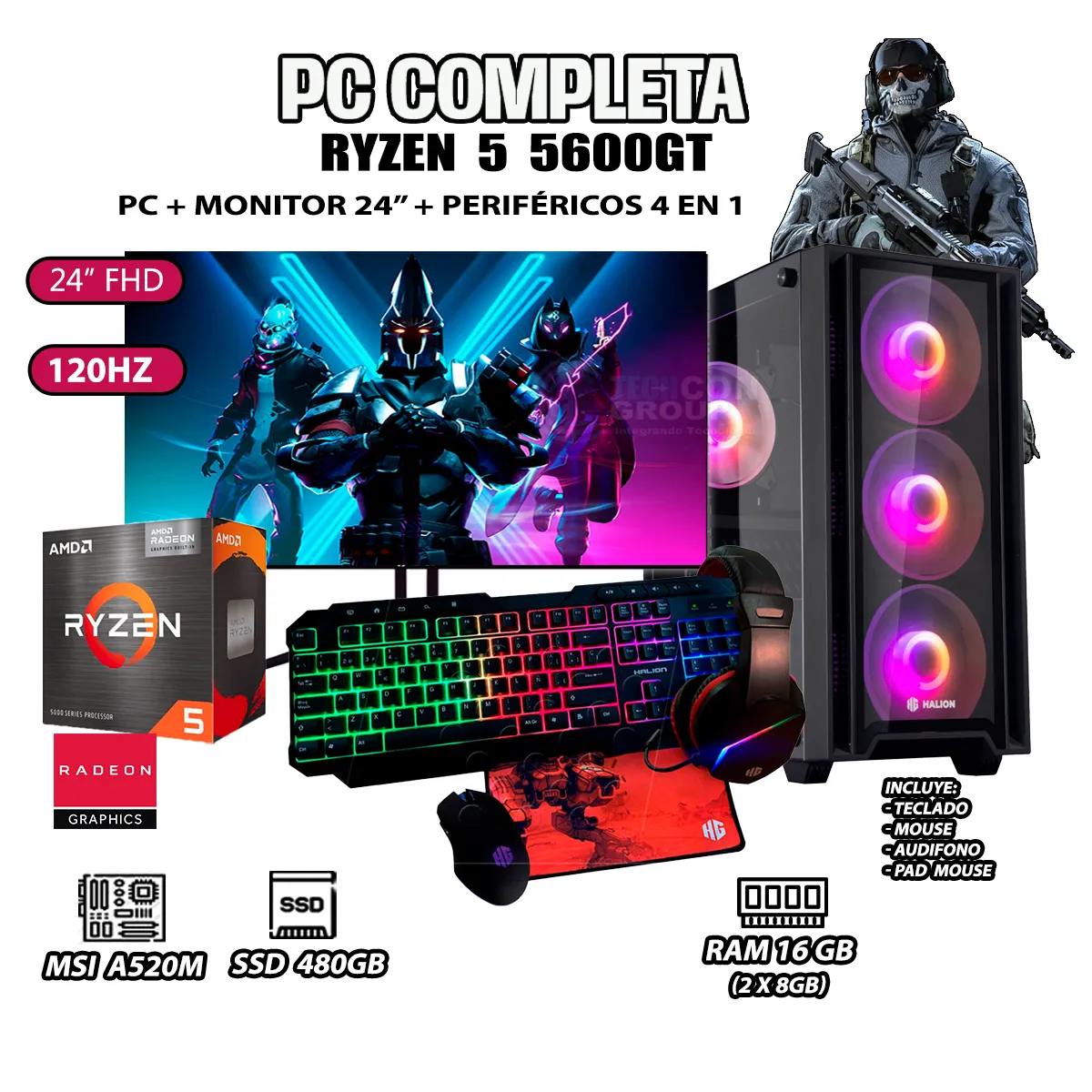 COMPUTADORA COMPLETA RYZEN 5 5600GT RAM 16GB DISCO 500GB SSD MONITOR 24' FHD - 1