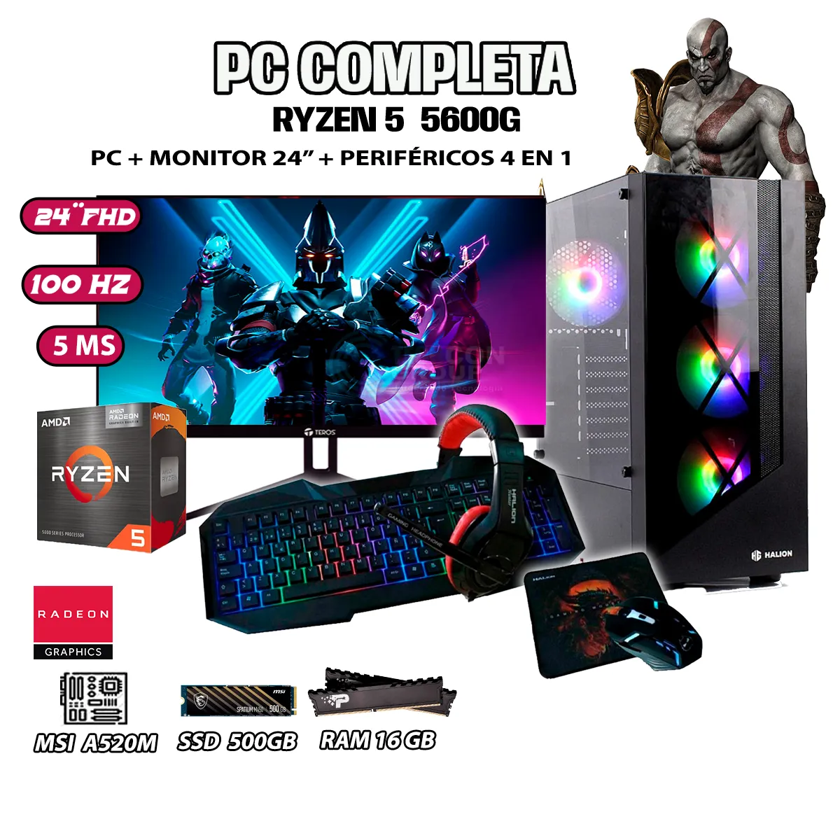 COMPUTADORA COMPLETA RYZEN 5 5600G RAM 16GB DISCO 500GB SSD MONITOR 24' FHD - 1