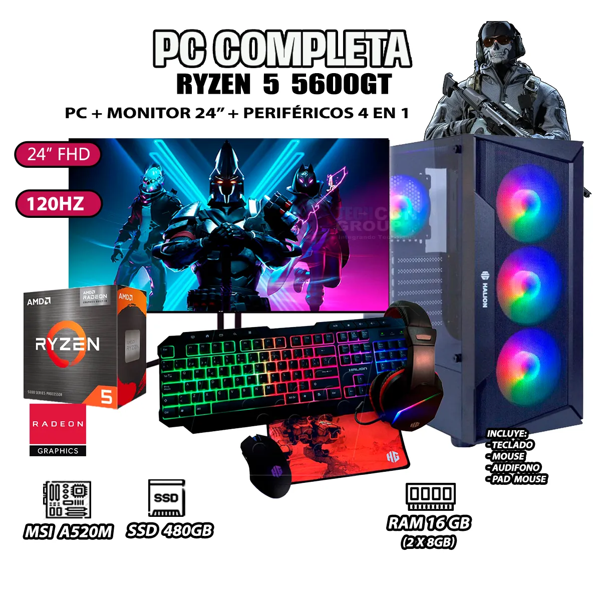 COMPUTADORA COMPLETA RYZEN 5 5600GT RAM 16GB DISCO 500GB SSD MONITOR 24' FHD - 1
