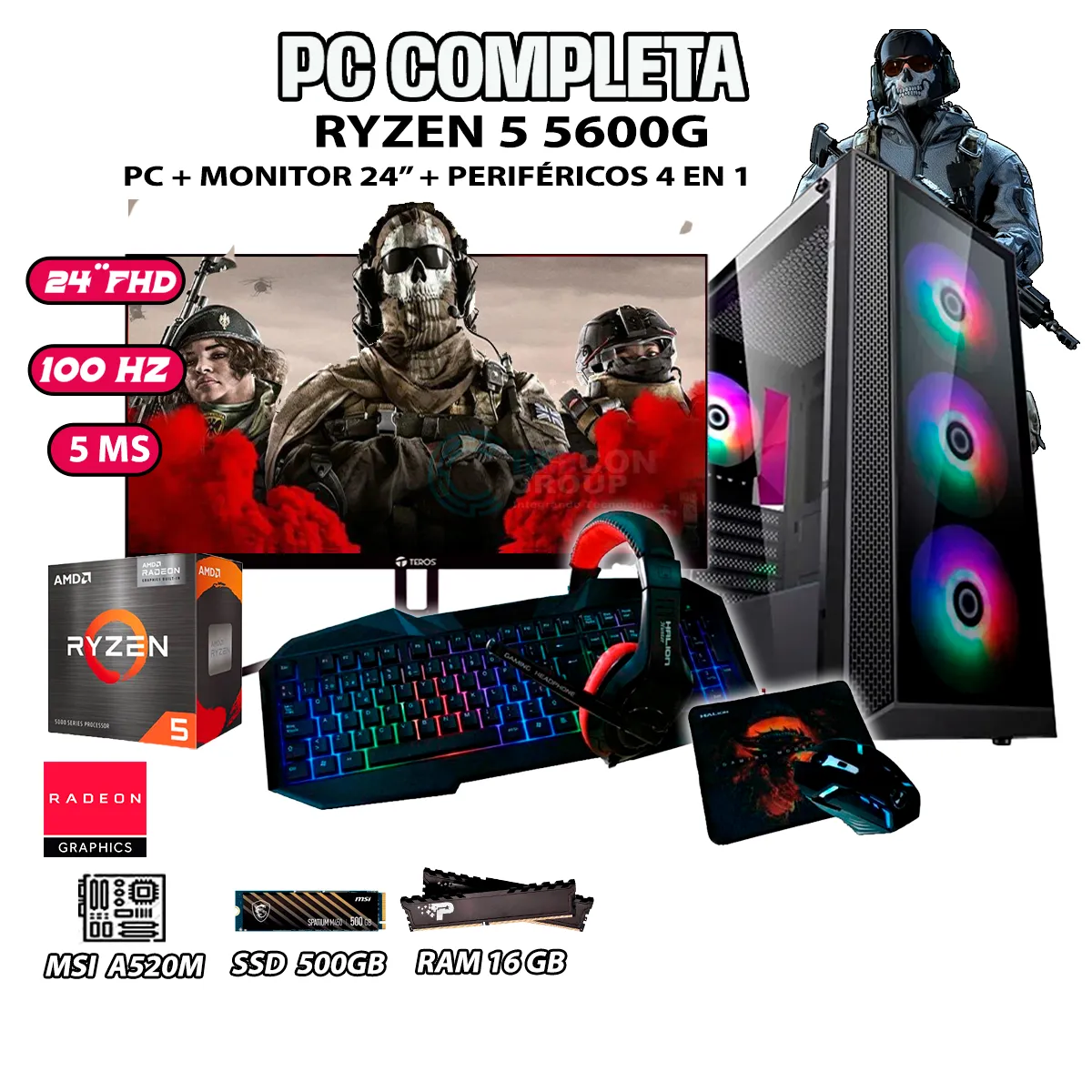 COMPUTADORA COMPLETA RYZEN 5 5600G RAM 16GB DISCO 500GB SSD MONITOR 24' FHD - 1