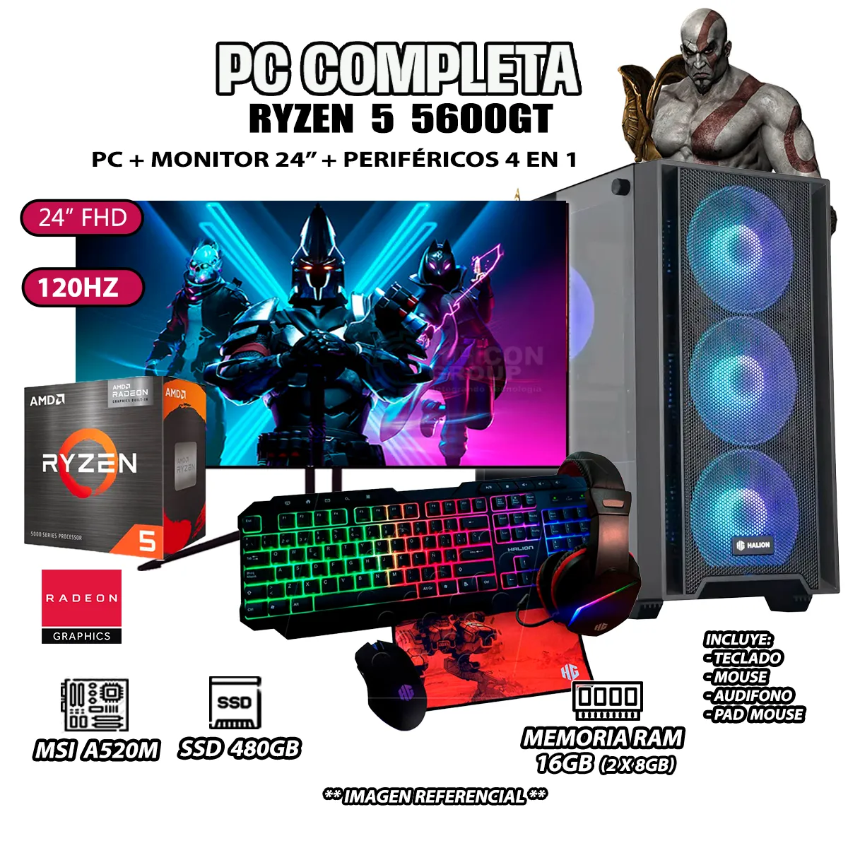 COMPUTADORA COMPLETA RYZEN 5 5600GT RAM 16GB DISCO SSD 500GB MONITOR 24' FHD - 1