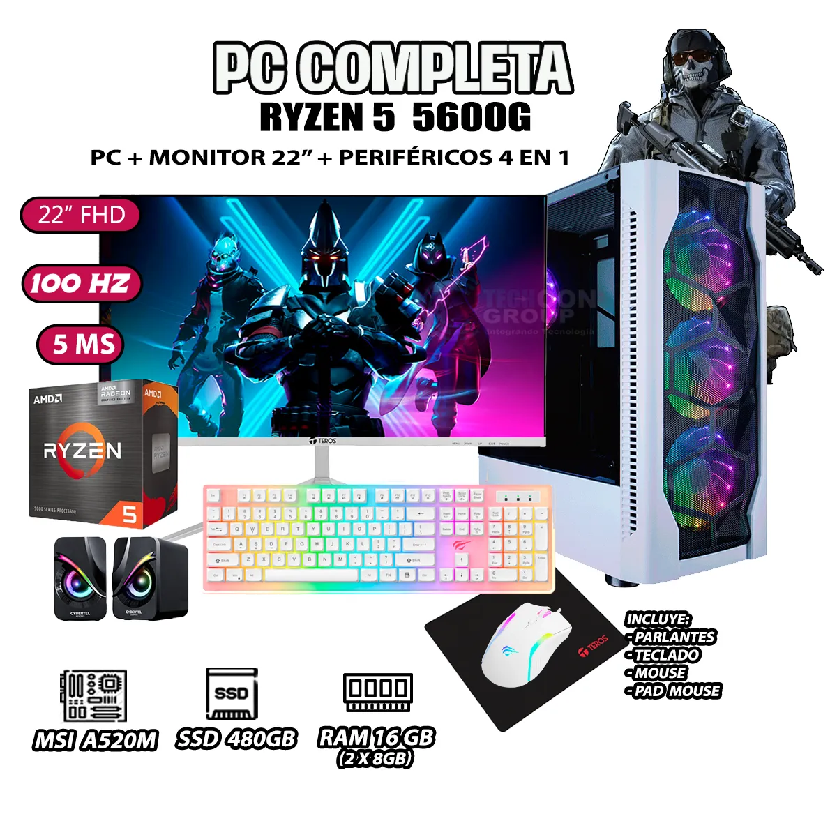 COMPUTADORA COMPLETA RYZEN 5 5600GT RAM 16GB DISCO 500GB SSD MONITOR 22' FHD - 1