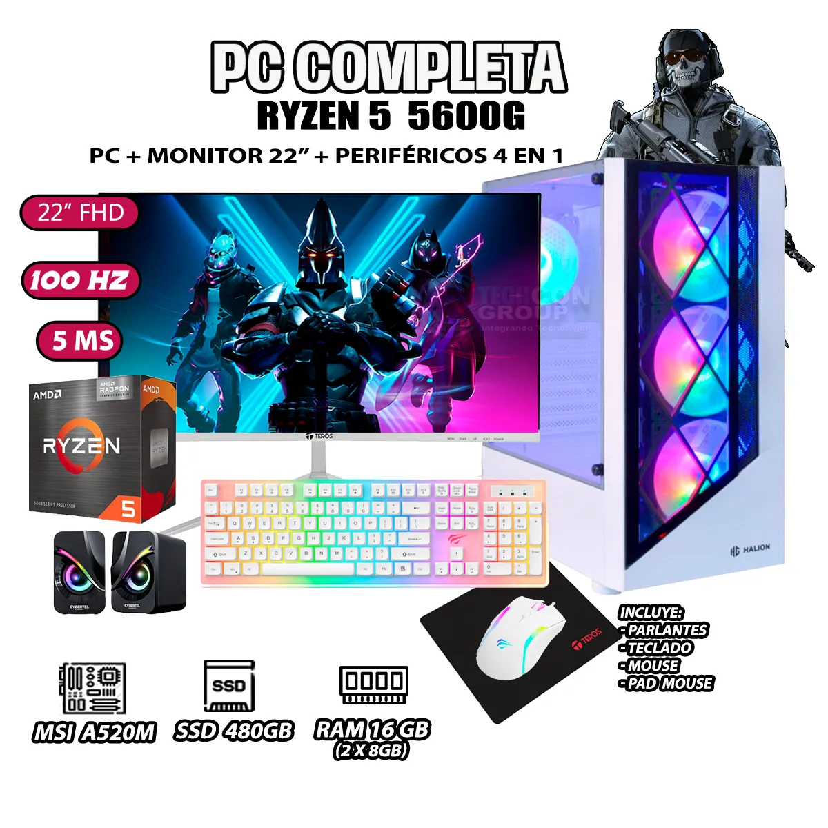 COMPUTADORA COMPLETA RYZEN 5 5600GT RAM 16GB DISCO SSD 500GB MONITOR 22' FHD - 1