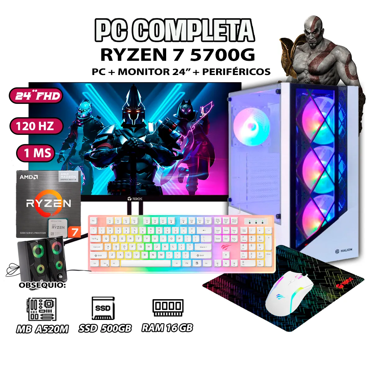 COMPUTADORA PC GAMER DRAGON RYZEN 7 5700G RAM 16GB SSD 500GB MONITOR 24' FHD - 1