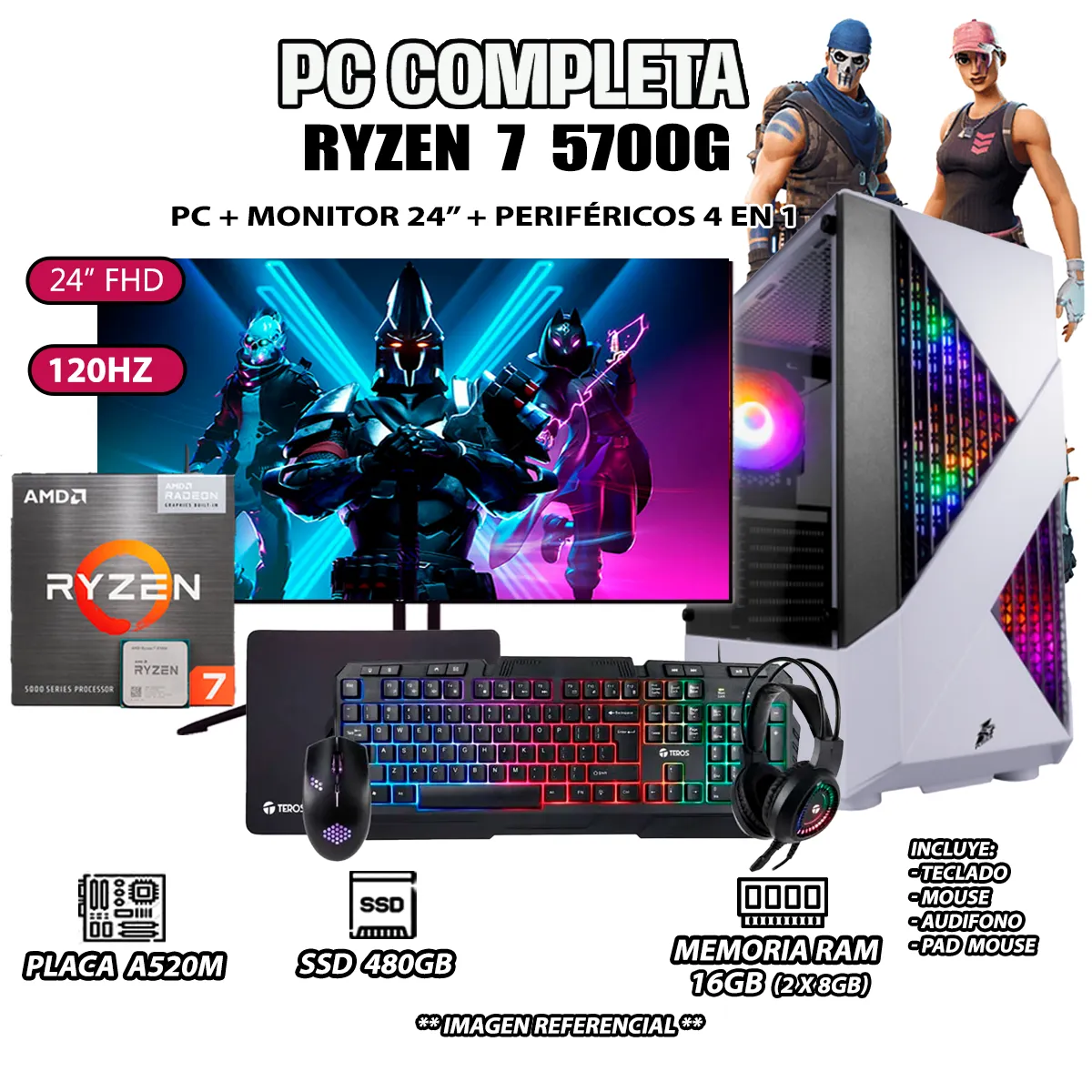 COMPUTADORA COMPLETA RYZEN 7 5700G RAM 16GB DISCO SSD 500GB MONITOR 24' FULL HD - 1