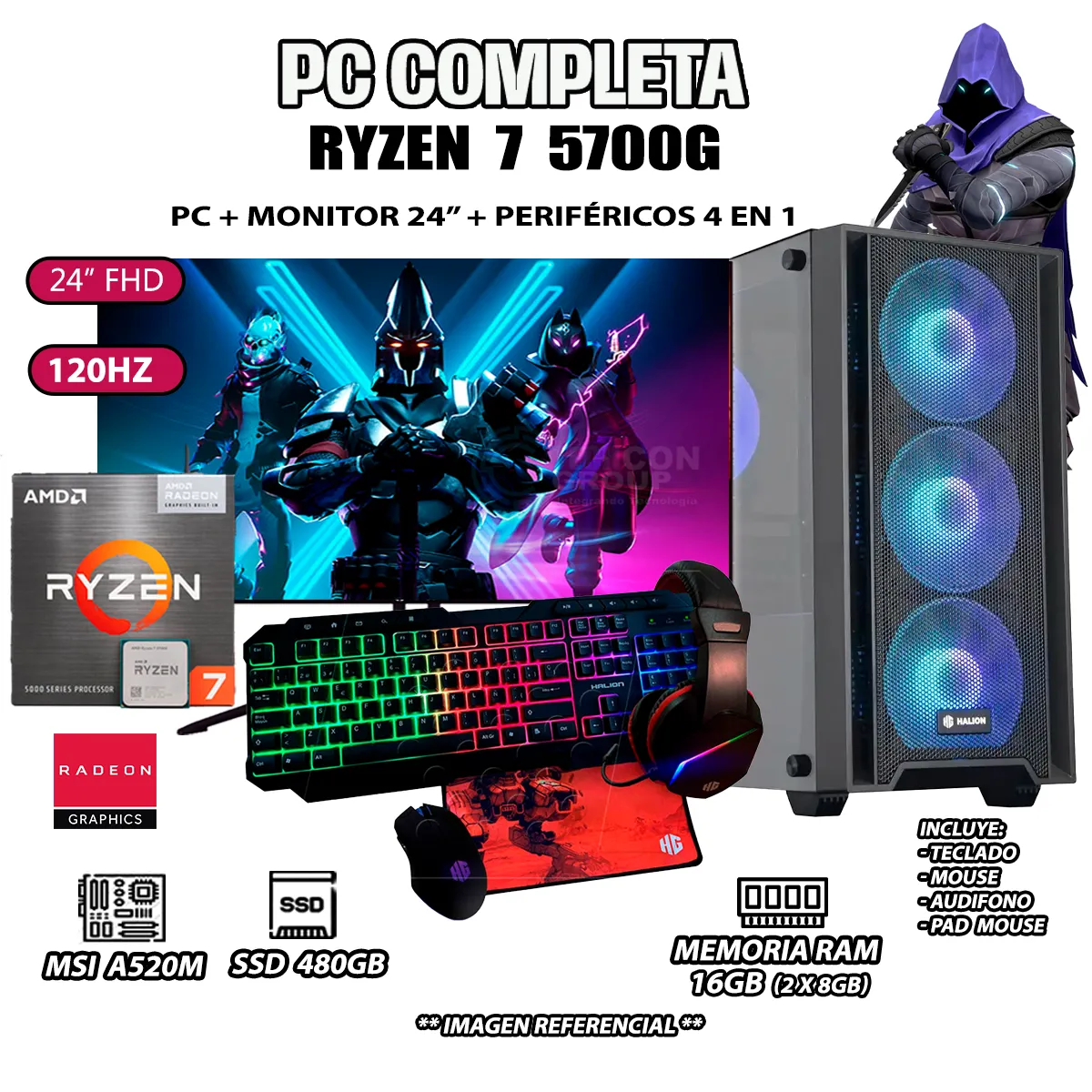 COMPUTADORA COMPLETA RYZEN 7 5700G RAM 16GB DISCO SSD 500GB MONITOR 24' FHD - 1