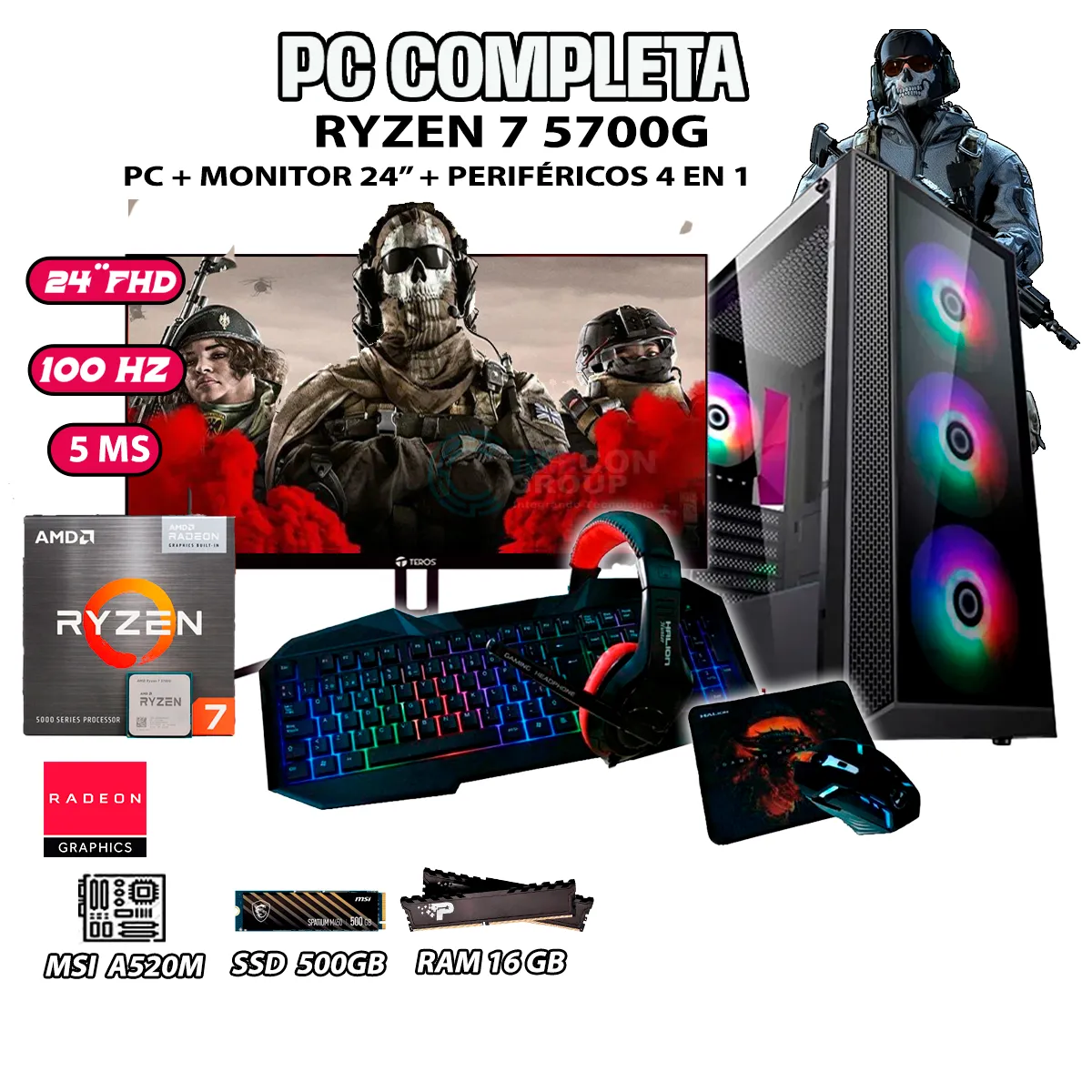 COMPUTADORA COMPLETA RYZEN 7 5700G RAM 16GB DISCO 500GB SSD MONITOR 24' FHD - 1