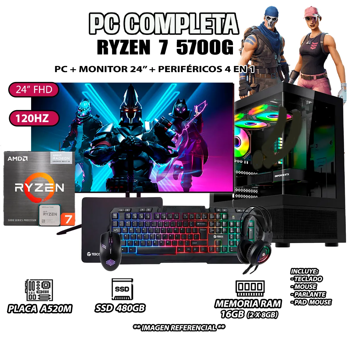 COMPUTADORA COMPLETA RYZEN 7 5700G RAM 16GB DISCO SSD 500GB MONITOR 24' FULL HD - 1