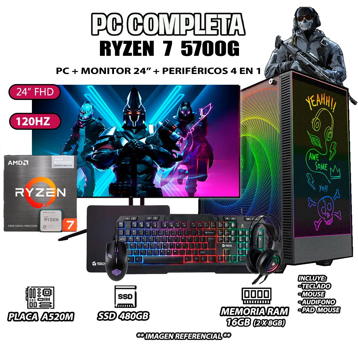 COMPUTADORA COMPLETA RYZEN 7 5700G RAM 16GB DISCO SSD 500GB MONITOR 24' FULL HD - 1